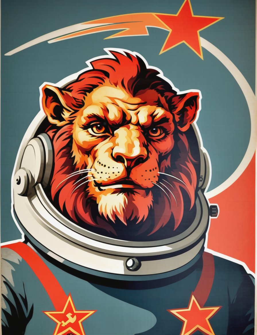 Soviet communist retro painted poster with a head and shoulders portrait, anthropomorphic manticore wearing cosmonaut suit 