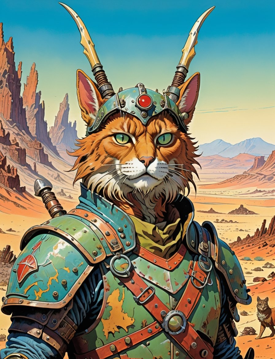 head and shoulders Portrait, post apocalyptic anthropomorphic (wastelands warrior :3) (various cat breeds wolpertinger:2), wearing wastlander outfit ,  background desert landscape setting ,
highly detailed, art by Jean Giraud ((Moebius style)), line ink illustration,highly detailed,  ink sketch,ink Draw,Comic Book-Style 2d,2d, pastel colors