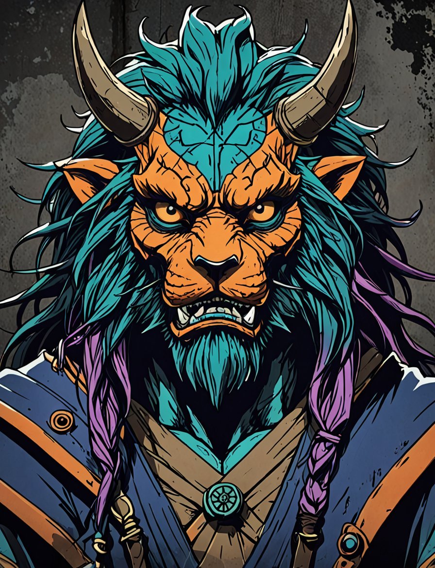 (close up, head and shoulders portrait:1.5), orange, teal, blue, violet gradient , (anthromorphic manticore :1.5), samurai wearing samurai armor, (strong outline sketch style:1.5), symmetrical features, gritty fantasy, (darkest dungeon art style :1.4), dark muted background, detailed,one_piece_wano_style,Dark Manga of