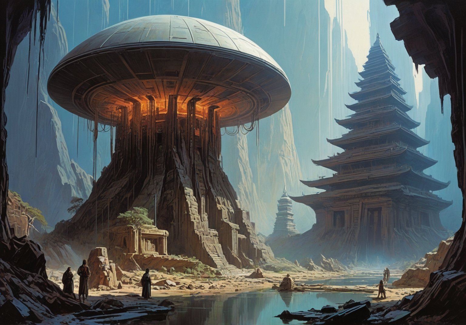 alien planet, alien sky, (glowing energy lines:1.5), (art by Syd Mead:1.8) (art by John Berkey:2), giant mushrooms, pyramid, (asian temple architecture:2), triangular geometric features, cracked stone, cobblestone, molten lava river, solar punk, triadic colors, muted colors, detailed, 8k, art by h.r. giger