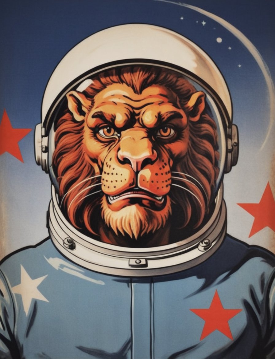 Soviet communist retro painted poster with a head and shoulders portrait, anthropomorphic manticore wearing cosmonaut suit 