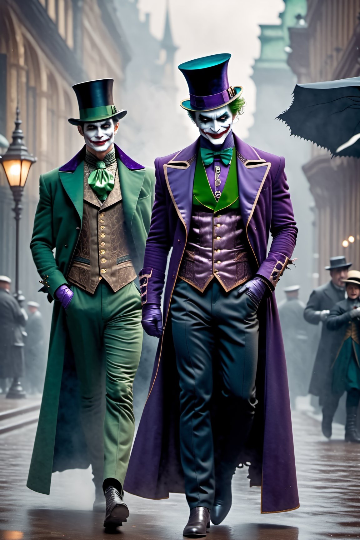  Full body shot, HZ steampunk, Joker and Batman wearing victorian style fashion, wearing victorian style hat, use purple and green color for fashion, batman and joker walking side by side, in motion, smiling, steampunk style.