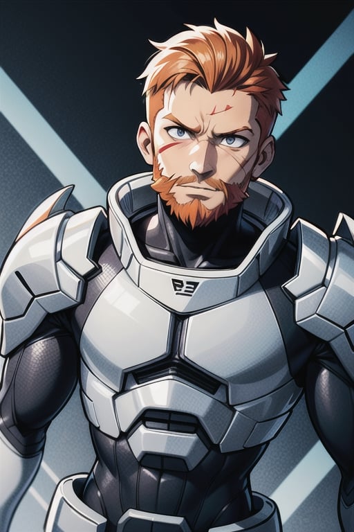 man, ginger hair, ginger beard, grey eyes, scar, futuristic armour,futuristic super villain, one person, anime character, 4k, 8k, ultra high quality, anime