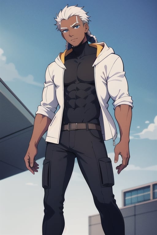 black man, dark skin, white hair, cornrow hair, blue eyes, white jacket hood, black turtleneck, black cargo trousers, semi muscular physique, one person, anime character, 4k, 8k, ultra high quality