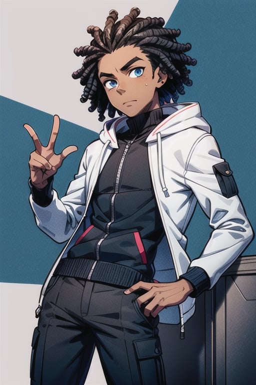 black man,20 year old, dark skin, white dreadlocks hair, blue eyes, white jacket hood, black turtleneck, black cargo trousers, one person, anime character, 4k, 8k, ultra high quality