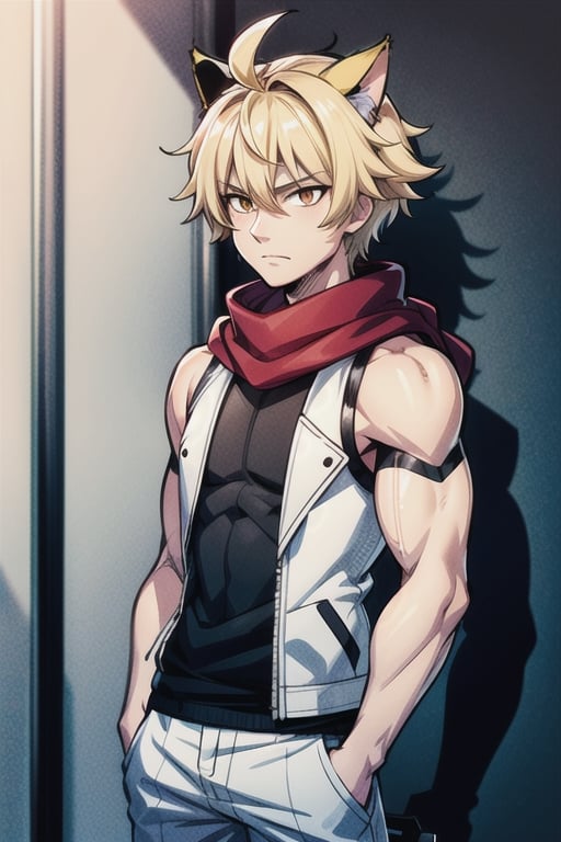 man, blond messy hair, golden eyes, cat ears, semi muscular, sleeveless white winter jacket hood, red scarf, black shirt and trousers, one person, anime character, 4k, 8k, ultra high quality, anime