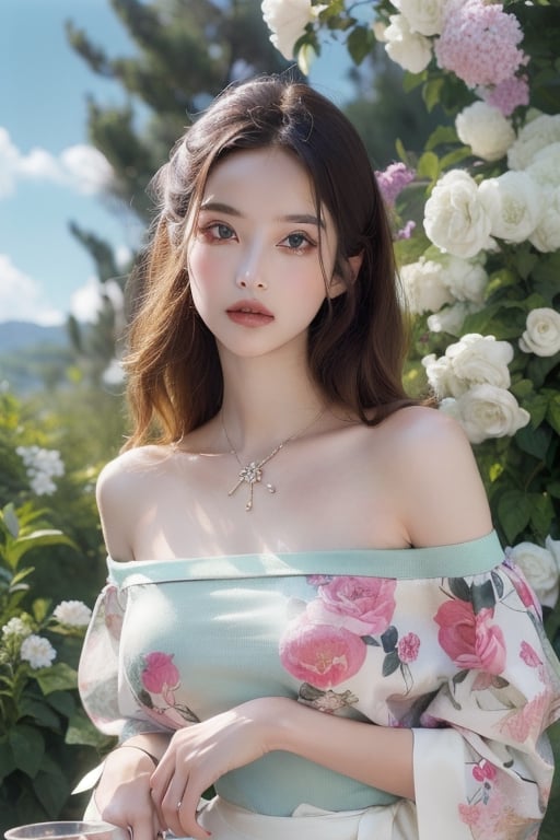 (Top quality color photo of a mysterious beautiful woman wearing floral clothes),(extremely delicate and beautiful work:1.2), Sitting in the Light of God, with neon lights, grand background, starryskybackground, Art Nouveau, Floral Couture, Clothes made of flowers, Luxury Fashion,(she is the embodiment of beauty and charm, Her clothes are as soft and light as air.,) Detailed face, Looking at Viewer, Detailed eyes, Black eyes, Lustrous lips , gentle and mysterious expression, High color saturation, surrealism , (Best Quality, masutepiece, ultra-detailliert, 超A high resolution, Photorealistic, Raw photo, absurderes, absolutely resolution:1.4),