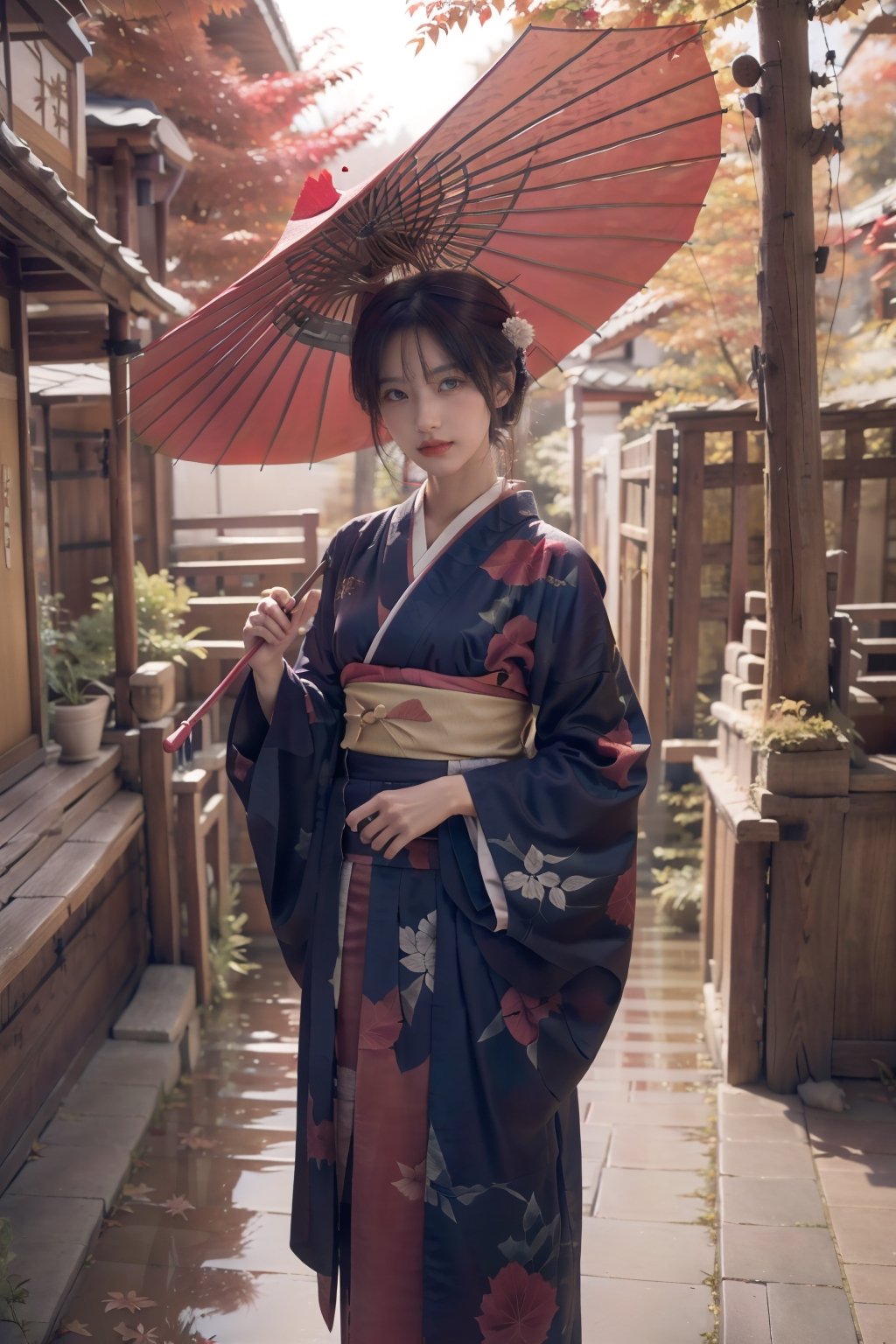 1girl, solo, looking at viewer, brown hair, holding, standing, outdoors, japanese clothes, red kimono, tree, red leaf, umbrella, holding umbrella, branch, blue kimono, oil-paper umbrella, autumn red color leaves , red theme 