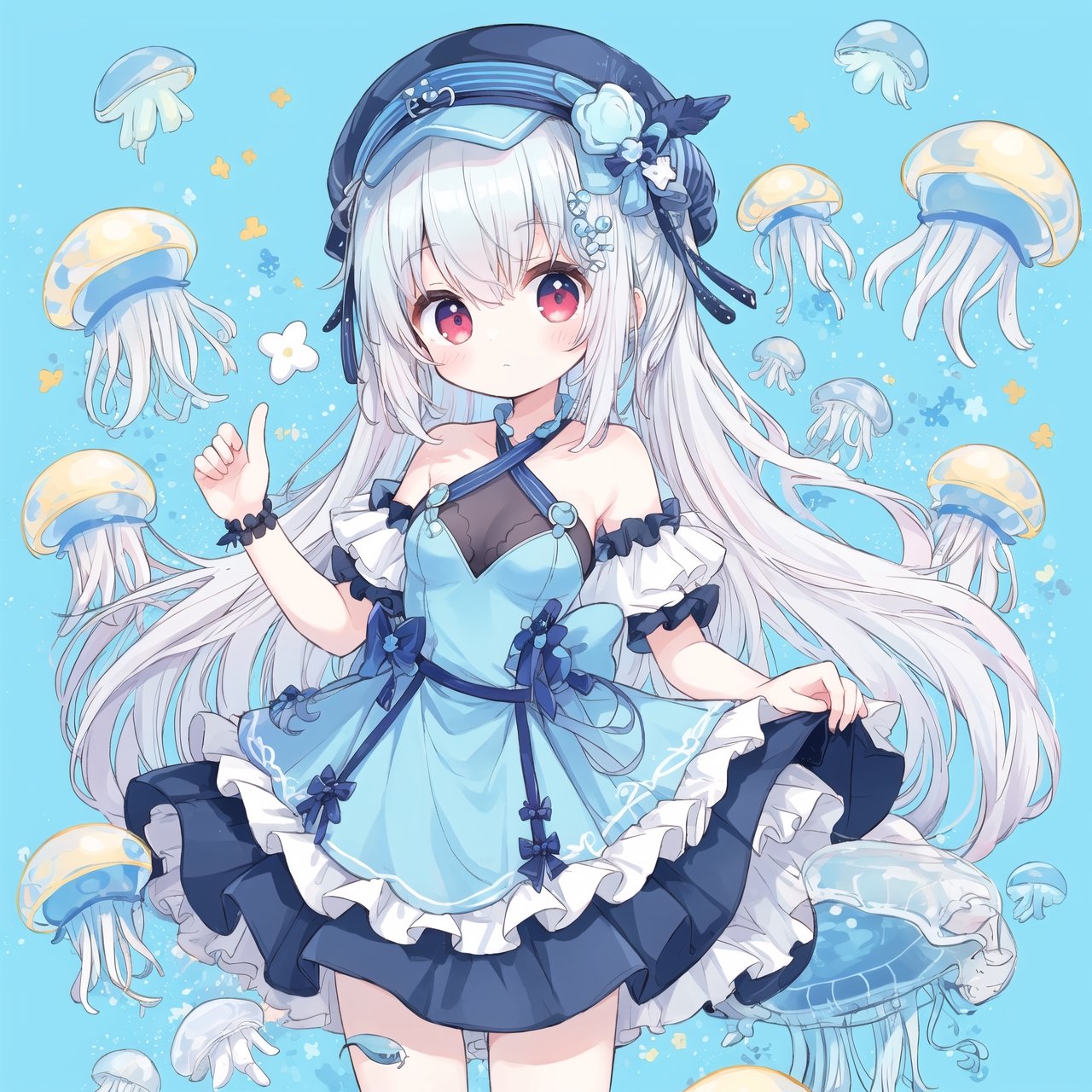 (masterpiece), (best quality), ,thin, ((small breasts)), (tiny breasts), tiny, 1 girl, solo, long hair, messy hair, blue and white hair, (Jellyfish over the head) , (Jellyfish) ,((Jellyfish hat)), cyan_blue, red eyes, halter dress, (Floating), ,cute