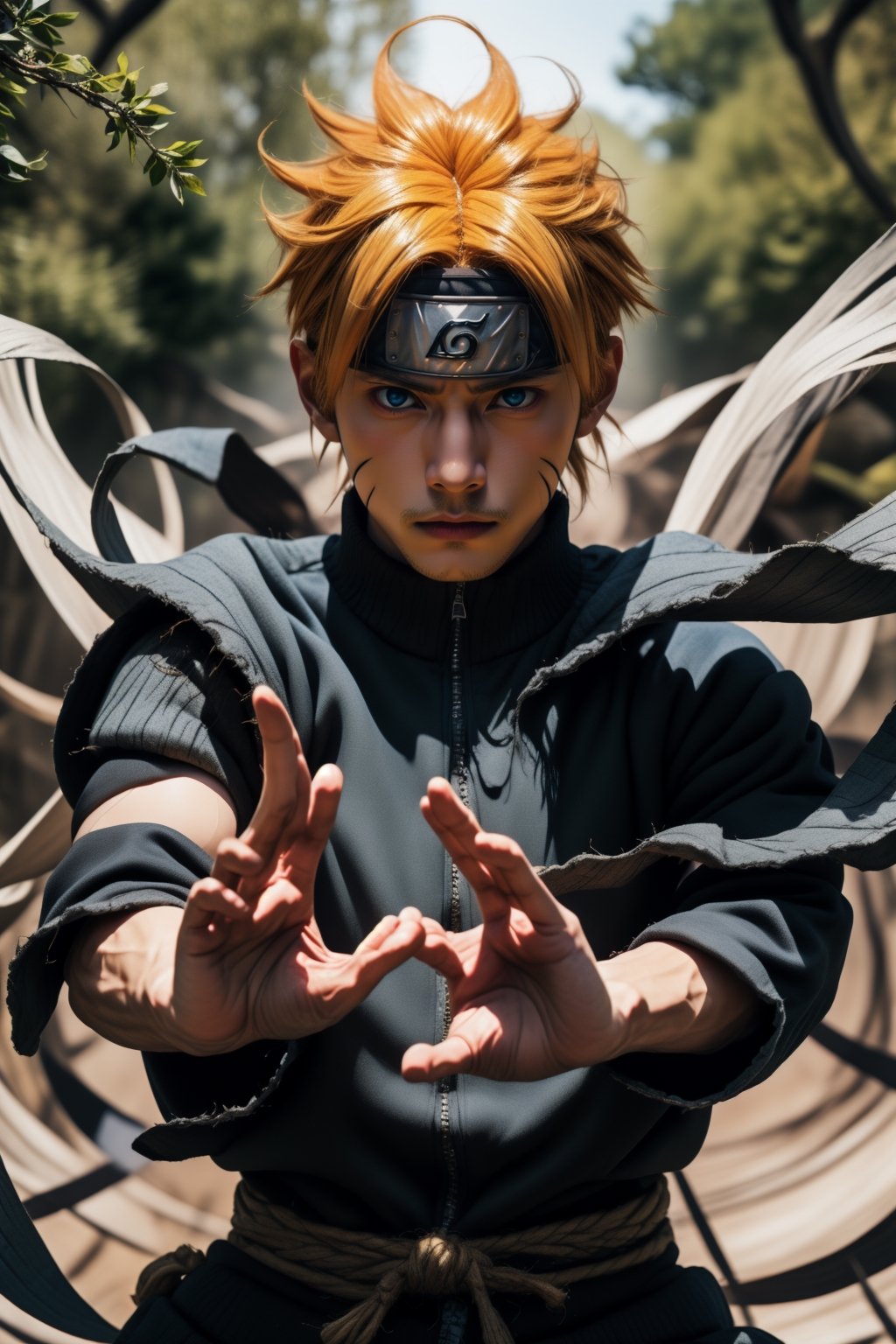 "Generate an image of Naruto Uzumaki from the popular anime series 'Naruto' using his signature jutsu, the 'Rasengan.' Naruto stands with Rasengan determination, his blond hair flowing, and his bright blue eyes focused. He holds his palm out, surrounded by swirling chakra that forms the Rasengan, a spiraling sphere of energy. The scene is set against a backdrop of a lush forest, with leaves rustling in the wind as Naruto's power radiates through the air. Capture the essence of Naruto's spirit and determination as he unleashes his formidable ninja abilities.",n4rut0,f1ame,perfecteyes