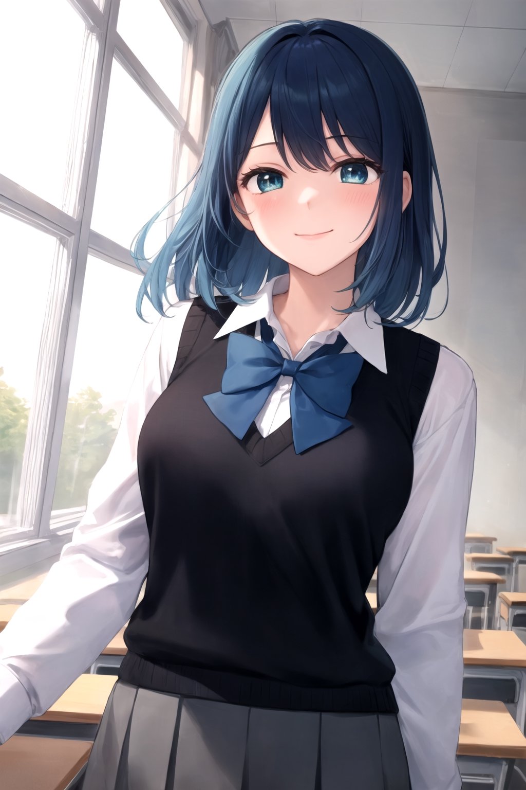 akane-kurokawa, 1girl, solo, masterpiece, ((ultra-detailed)),  high_res, dark blue hair, blue highlights, green_blue eyes, smile, blush, closed mouth, white shirt, long sleeves shirt, black vest sweater, blue bowtie, grey skirt, classroom, bluesky, looking at the viewer 