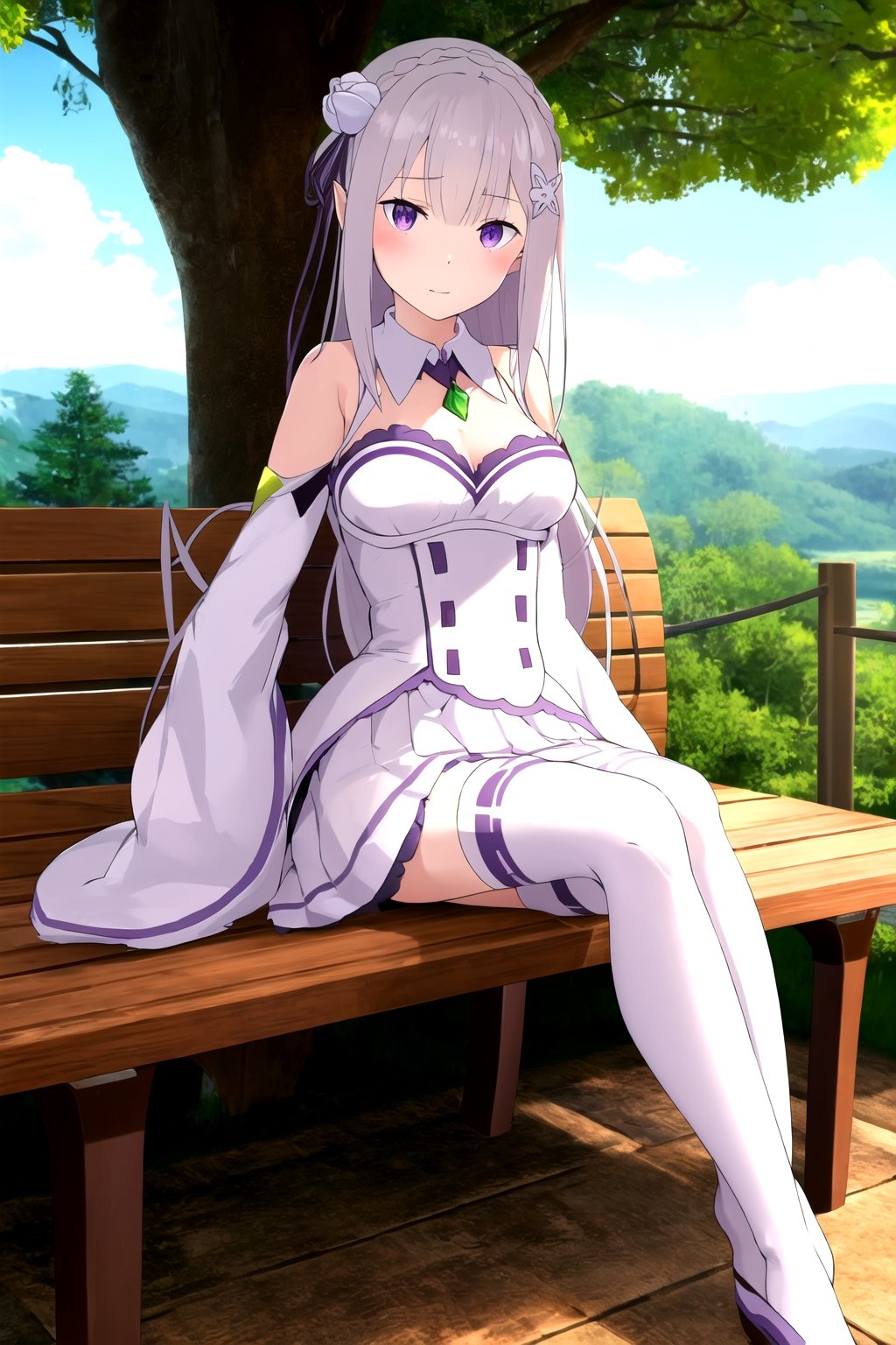 absurdres, highres, ultra detailed, emilia, white hair, purple eyes, long hair, medium breasts, hair flower, hair ornament, hair ribbon, white dress, detached collar, wide sleeves, white thighhighs, looking at viewer, sitting, bench, outdoors, tree