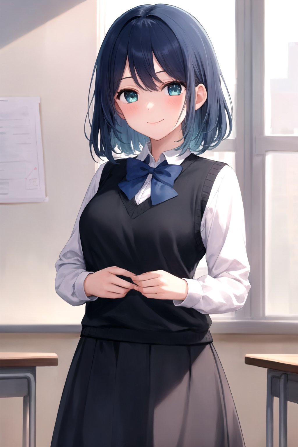 akane-kurokawa, 1girl, solo, masterpiece, ((ultra-detailed)),  high_res, dark blue hair, blue highlights, green_blue eyes, smile, blush, closed mouth, white shirt, long sleeves shirt, black vest sweater, blue bowtie, grey skirt, classroom, bluesky, looking at the viewer 