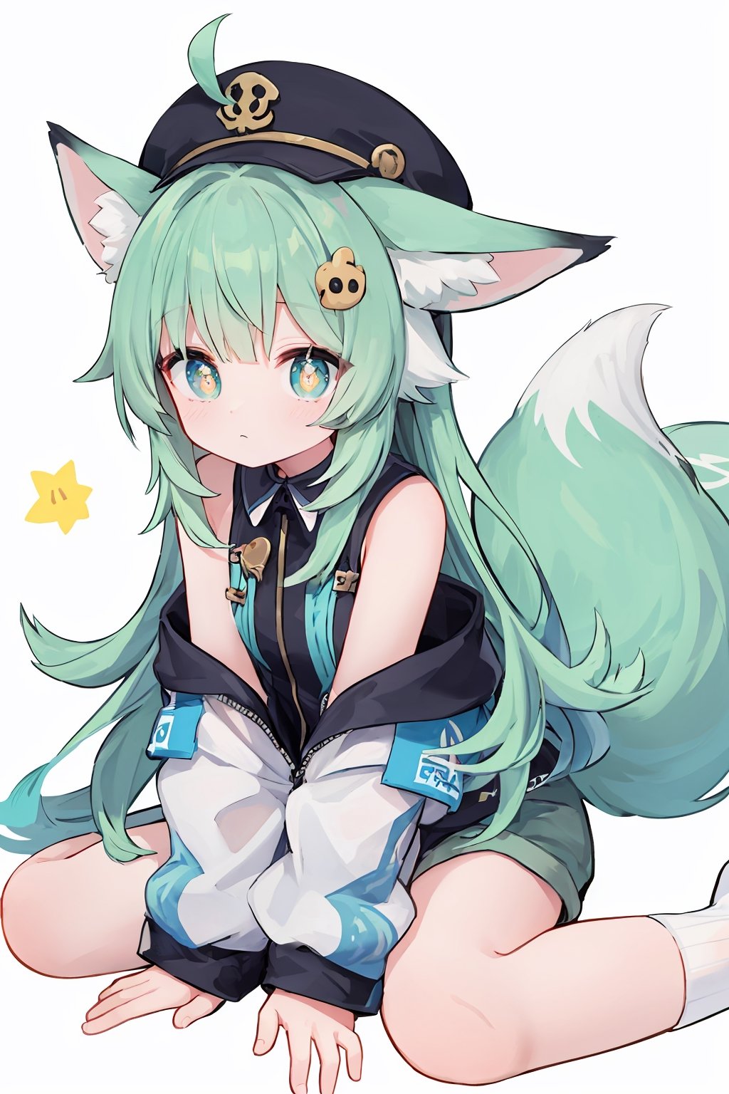 masterpiece, best quality, LONG_HAIR, GREEN_EYES, SYMBOL-SHAPED PUPILS, WHITE_PUPILS, BLACK_JACKET, SLEEVELESS_JACKET, AHOGE, WHITE_SOCKS, LOOSE_SOCKS, LONG_SLEEVES, SHIRT, HAIR_ORNAMENT, GREY_SHORTS, BLACK_HEADWEAR, EARS_DOWN, FOX_EARS, FOX_TAIL, ANIMAL_EARS, GREEN_TAIL, ,best quality