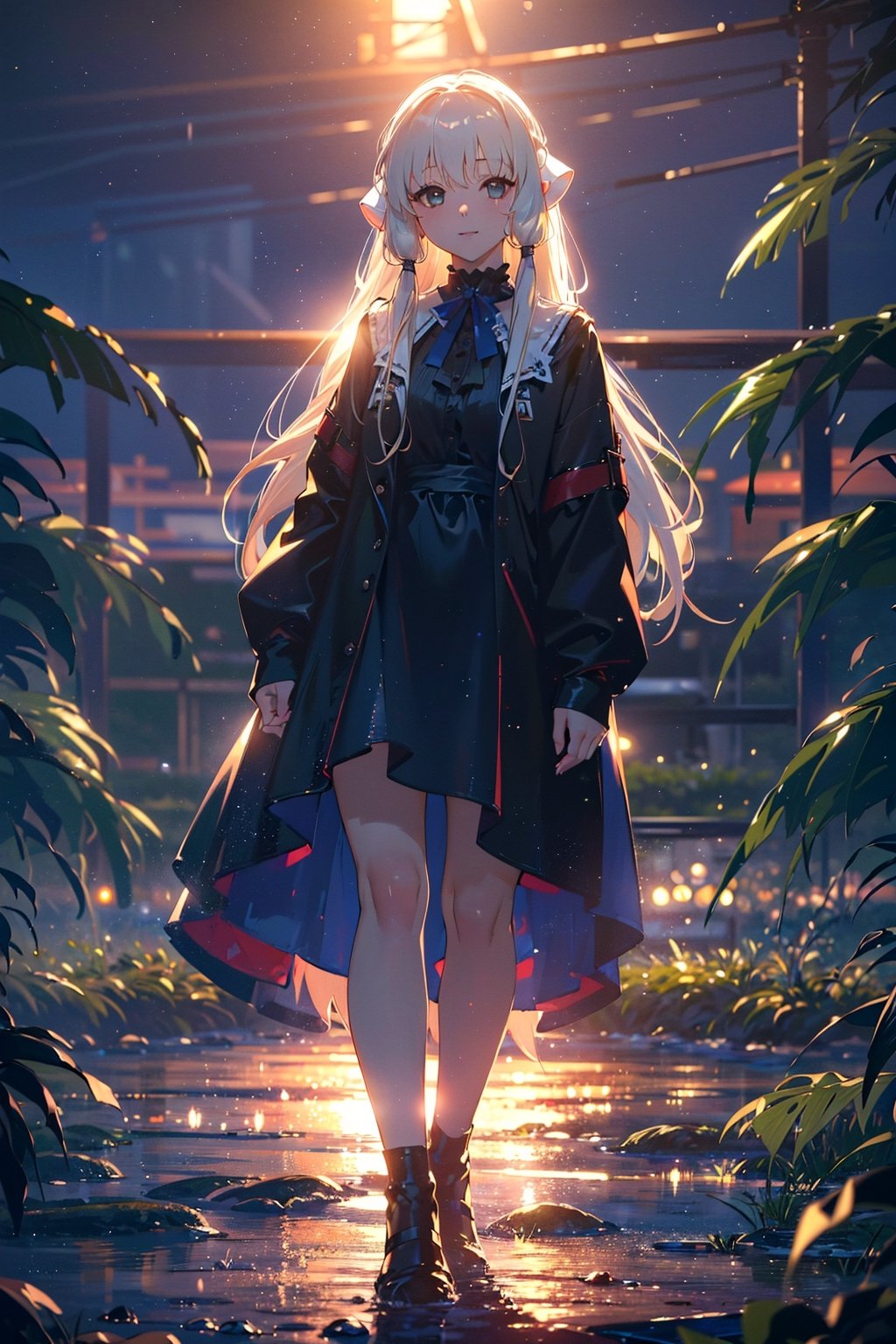 (best quality, 4k, 8k, highres, masterpiece:1.2), ultra-detailed, (realistic, photorealistic, photo-realistic:1.37), 1girl, outdoors, standing, evil smile,yor, azure eyes, portraits, vivid colors, warm color palette, soft lighting,ambience glow,lens ultra wide,depth of field,chii,ear robot,