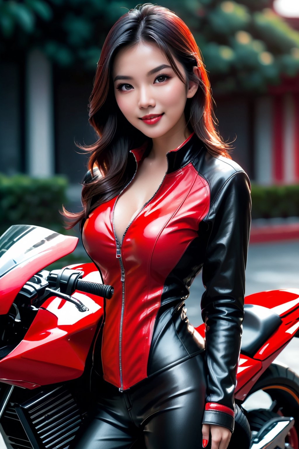  Asian straddling a red motorcycle, full body view (( perfect eyes )) looking straight ahead at the viewer, smiling, ombre lips, dressed in a skin-tight black leather zip-up one-piece suit, realistic, 