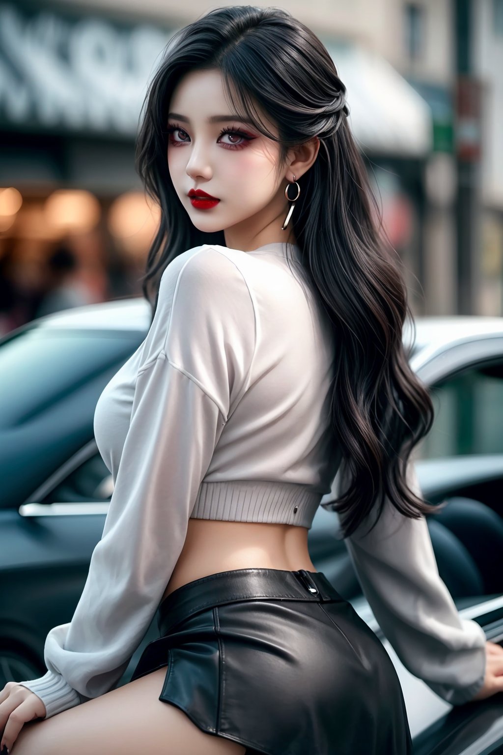 A stunningly beautiful young woman sits confidently with a slight upturn of her lips, her dark red lipstick and hoop earrings accentuating her delicate features. Her long black hair cascades down her back, while her long sleeves and miniskirt frame her toned midriff. Her big, photorealistic eyes sparkle as she looks directly at the viewer, her breasts subtly visible beneath her cropped top. A sleek car blurs into the background, allowing the girl's exquisite features to take center stage.