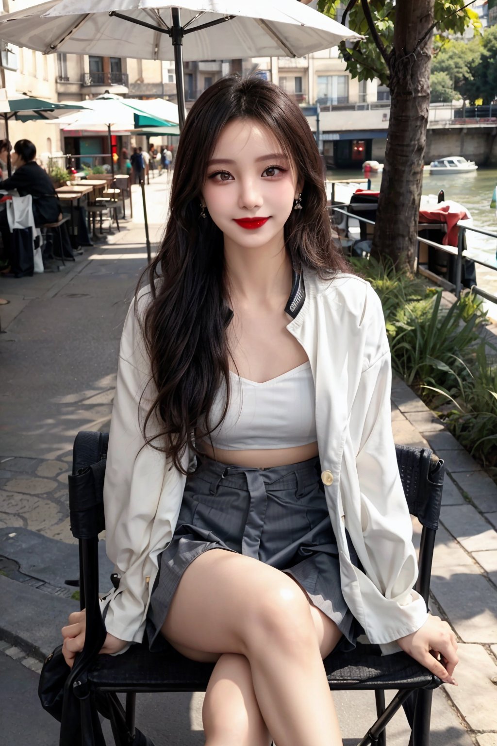 A stunning Parisian street scene: A beautiful Korean girl, approximately 20 years old, sits solo at an outdoor cafe beneath a parasol. She wears a white tight suit with a laced blouse and jacket, paired with a tight short skirt. Her dark hair falls past her waist in loose, curly locks.

She sits close-legged on the chair, legs crossed at the ankles, sipping coffee with a happy smile. Dark eyes sparkle under calm expressions, delicate facial features framed by simple tiny earrings. A subtle, upturned lip pairs with dark red lipstick. The camera captures her from a cowboy shot, showcasing her entire body in sharp focus.

Background: Softly blurred cafes and buildings along the Seine River, with warm sunlight casting long shadows across the cobblestone street.