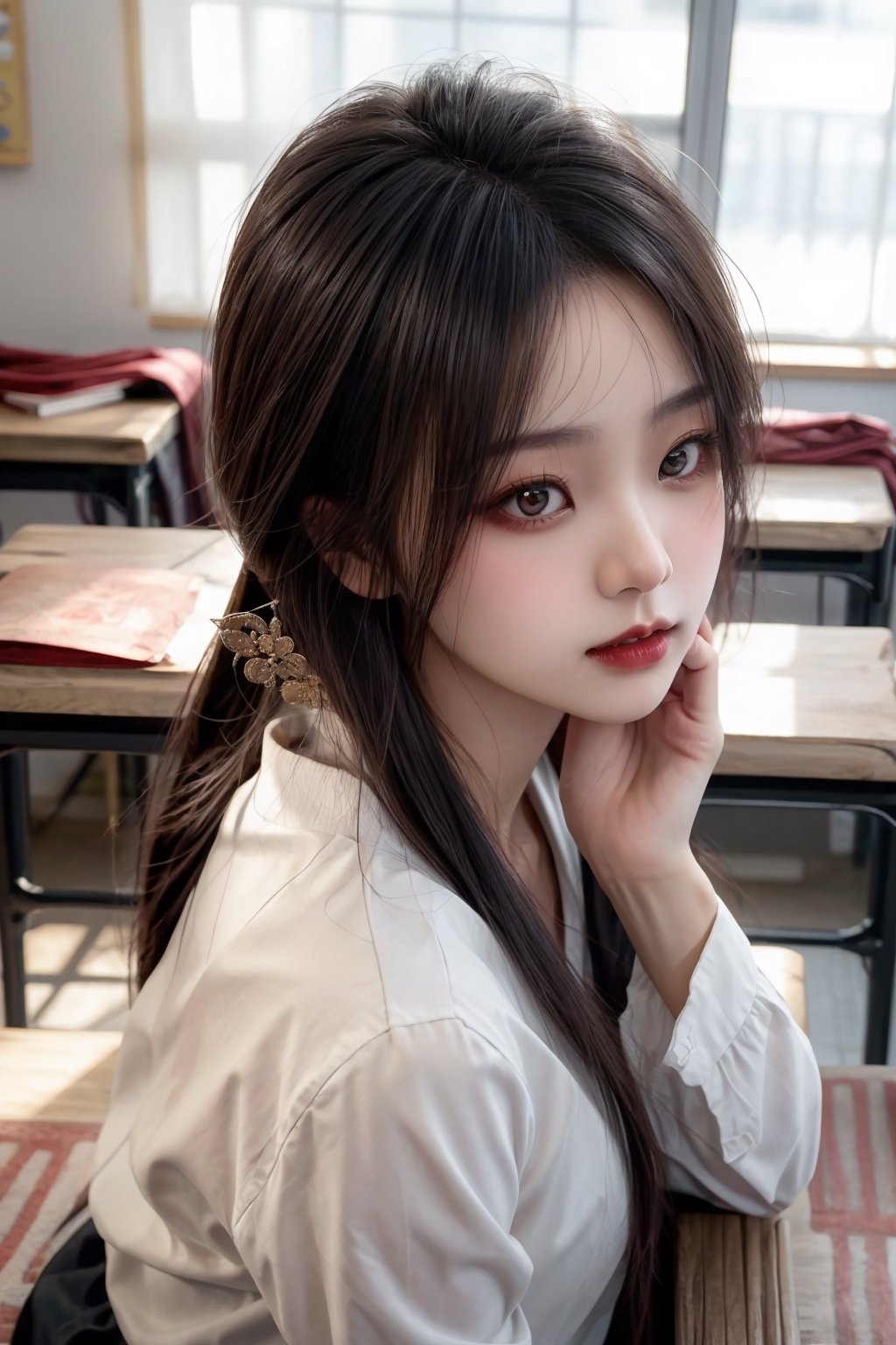 real picture,A serene young woman sits at a wooden table in a traditional classroom setting. Soft golden light illuminates her features from above, highlighting the lightly upturned curves of her lips painted with rich dark red lipstick. Her eyes, a masterpiece of intricate details, sparkle with intelligence as she gazes ahead. Her delicate face is a work of art, with fine features and a subtle glow that hints at an otherworldly beauty. Long, luscious locks cascade down her back like a river of night, framing her porcelain doll-like complexion. The ultra-fine texture of her skin seems almost imperceptible to the eye, yet perfectly rendered anatomy reveals 4 fingers and 1 thumb, a testament to her human form.,lib_bg,鄰家女孩,monica