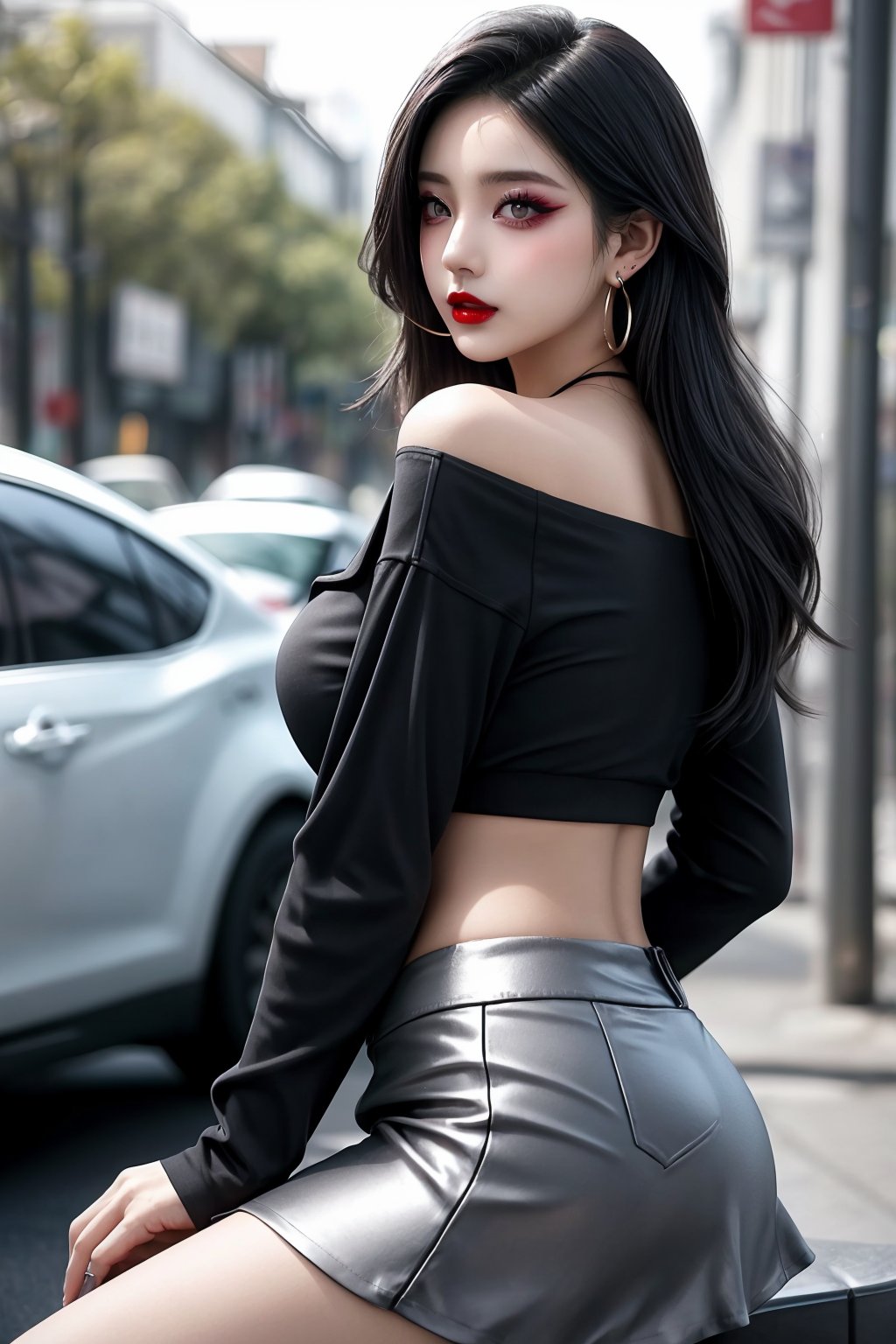 A stunningly beautiful young woman sits confidently with a slight upturn of her lips, her dark red lipstick and hoop earrings accentuating her delicate features. Her long black hair cascades down her back, while her long sleeves and miniskirt frame her toned midriff. Her big, photorealistic eyes sparkle as she looks directly at the viewer, her breasts subtly visible beneath her cropped top. A sleek car blurs into the background, allowing the girl's exquisite features to take center stage.