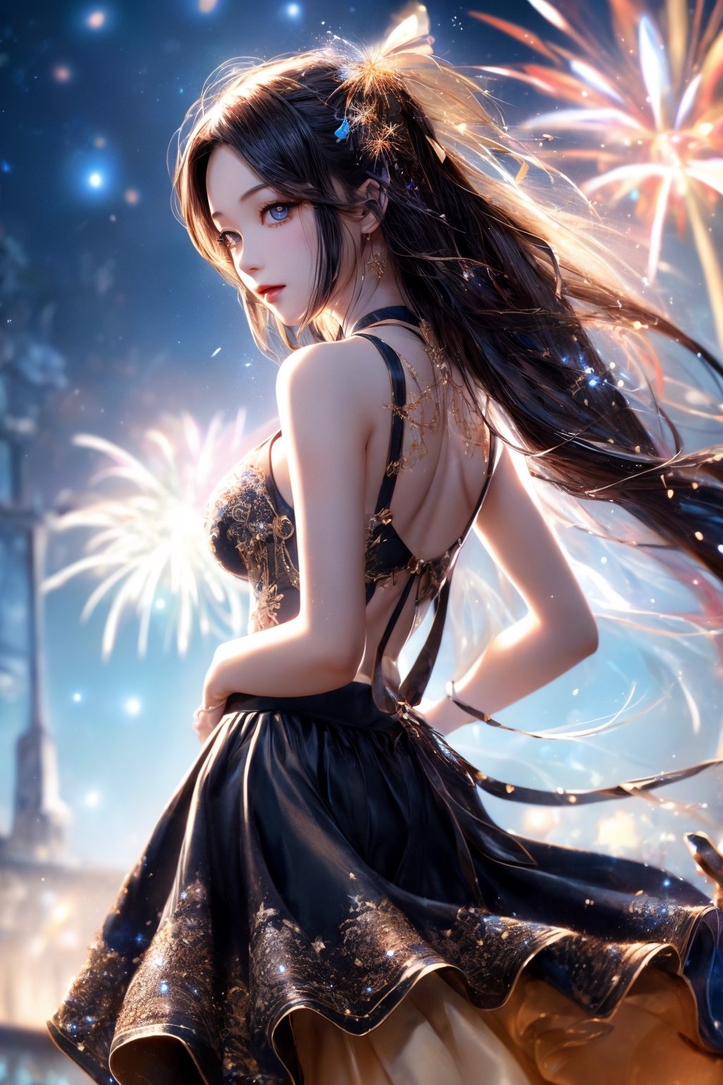 ((extremely detailed CG unity 8k wallpaper)),(masterpiece), (best quality), (ultra-detailed), (best illustration),(best shadow), (an extremely delicate and beautiful), ((((1girl)))), dynamic angle, floating, finely detail, (bloom), (shine), glinting stars, ((((best detailed fireworks)))), ((((depth of field)))), (((hanabi))), Beautiful detailed girl, (((backlight))), extremely delicate and beautiful girls, ((summer long skirt)), (((solo))), best detailed hair, ((beautiful detailed water)), night sky, (((small breast))), beautiful detailed sky, beautiful detailed eyes, (((arms behind back))), long hair, (((dynamic angle))), long skirt