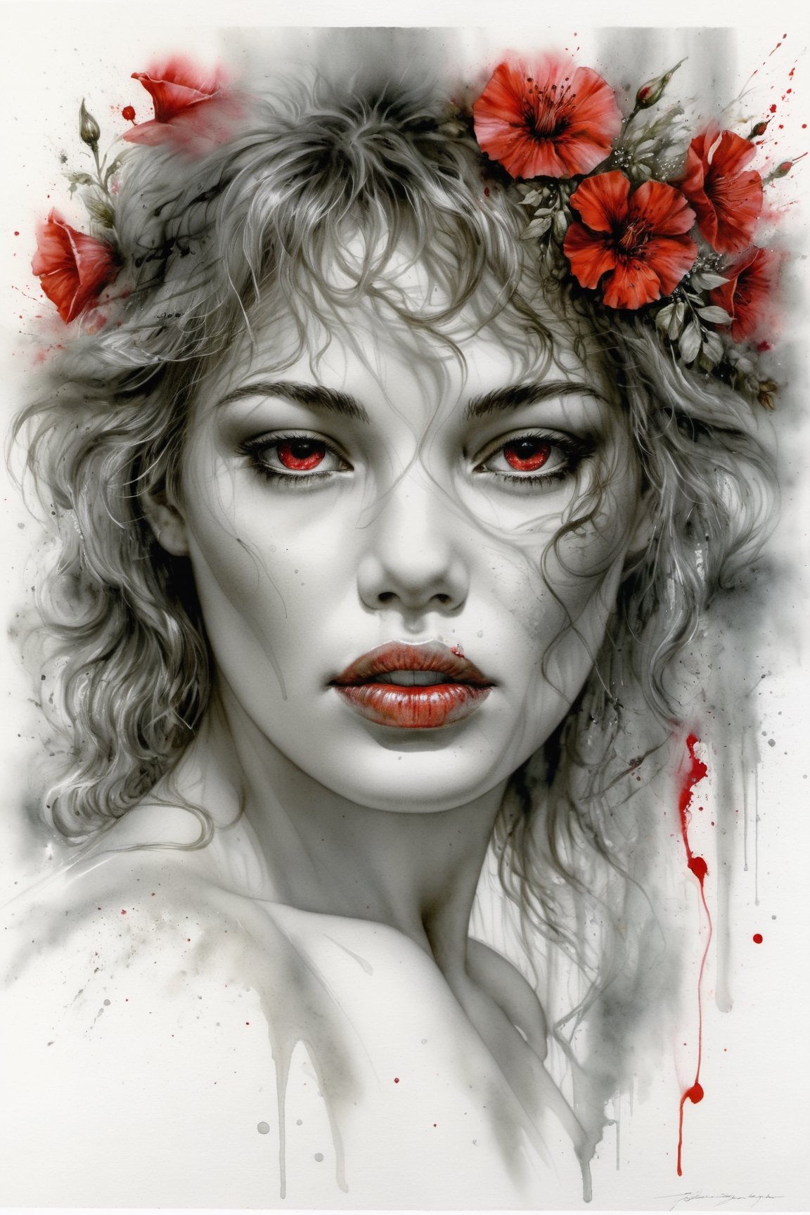 Cinematographic, masterpiece. Using a mixed media approach combining oil paint, pen and ink, and alcohol ink on a pristine white background, this artwork employs a seamless double exposure technique, a hyper-detailed and intricate portrait of an elegant woman with a striking (((clean detailed face))), red lips, long curly, surrounded by delicately rendered flowers, 8k, Gabriele Dell'otto, Bob Peak, bright saturated colors, watercolor, algae paintings oil, HDR, 500px ,more detail XL, ebsonya,rebhanna,rebemily