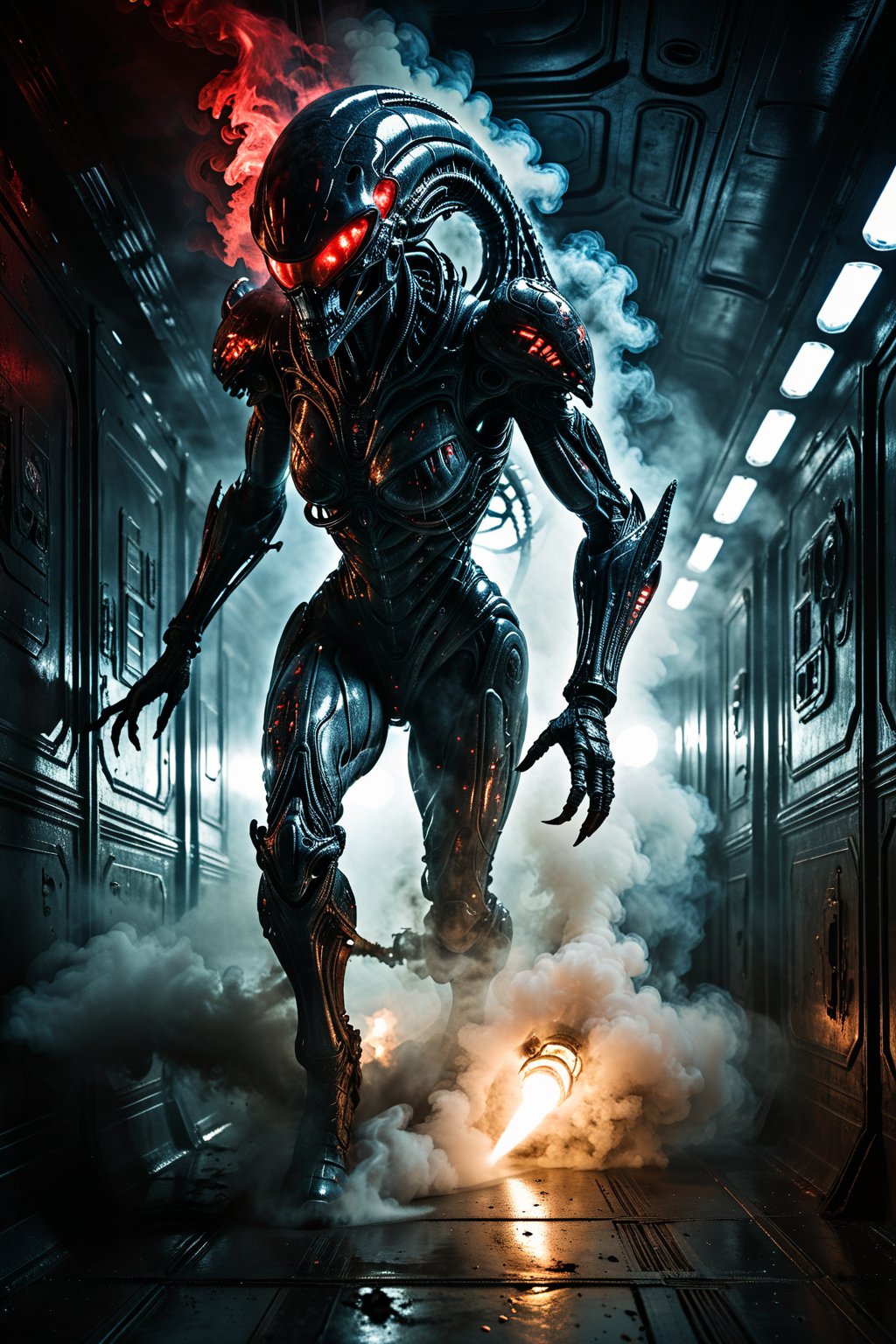 Cinematographic, masterpiece, the alien queen from the movie ALIEN stalking the dark, smoke filled corridors of an abandoned space ship, red energency lighting, scary atmosphere 