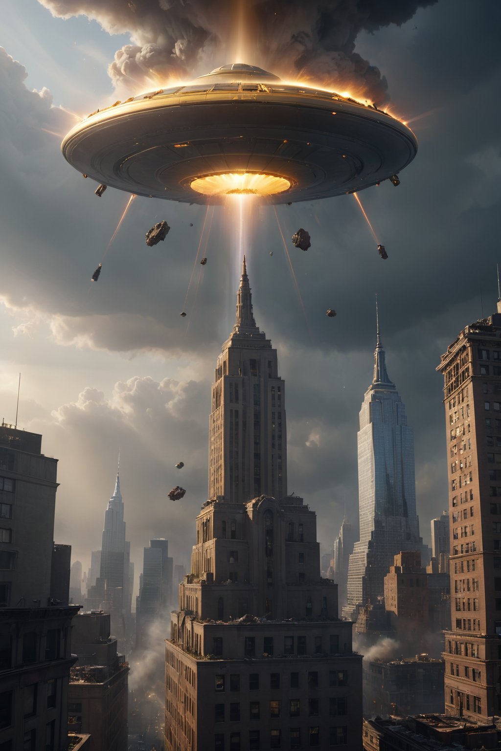 hyper-detailed,  photorealistic, ultra photoreal, cinematic shading, a single golden UFO hovering over New York, destroying a skyskraper with lasers, (lots of explosions and debris:1.2), gloomy sky