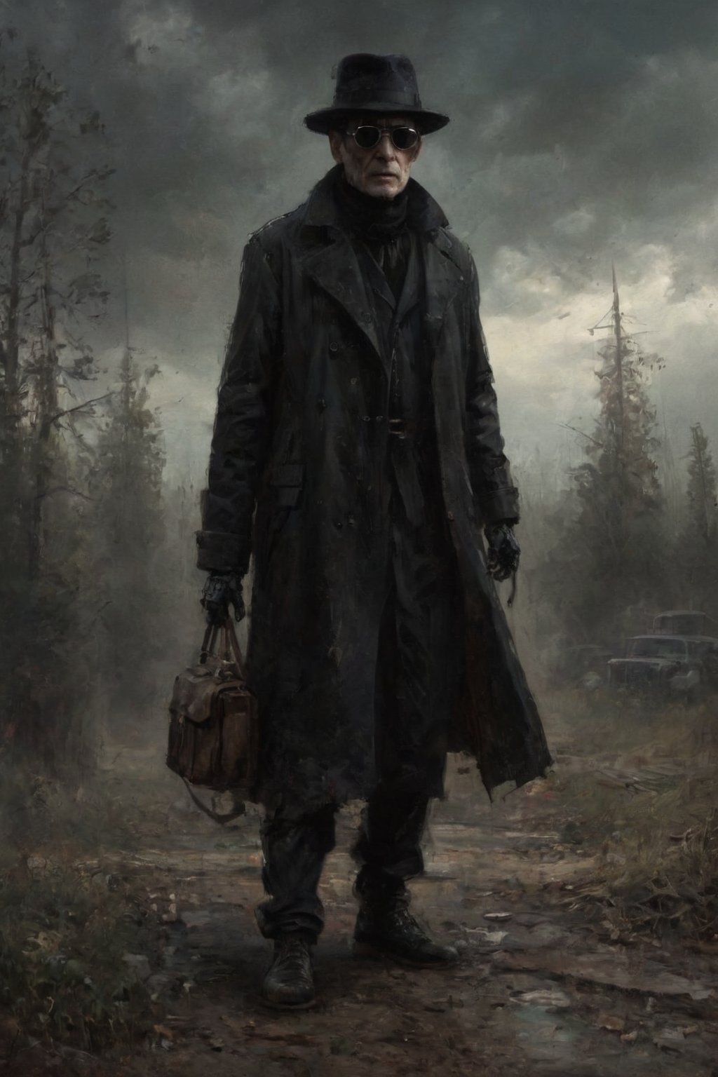 parameters: hyper-detailed, photorealistic, ultra photoreal, cinematic shading, sinister, old, very ugly, man in a black trenchcoat wearing a black hat and black sunglasses, full body, full legs, ((with robot hands:1.2)), very gloomy atmosphere,stalker