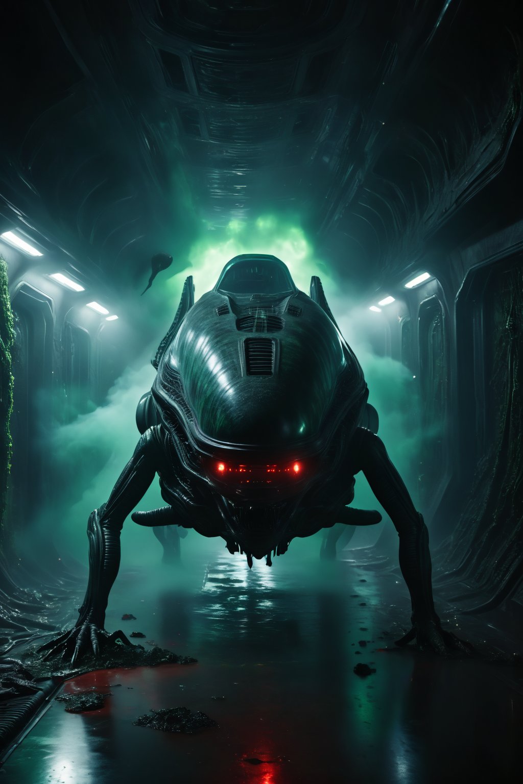 Cinematographic, masterpiece, ((the alien queen from the movie ALIEN:1.2)) stalking the dark, smoke filled corridors of an abandoned space ship with slime covered walls, red energency lighting, scary atmosphere 