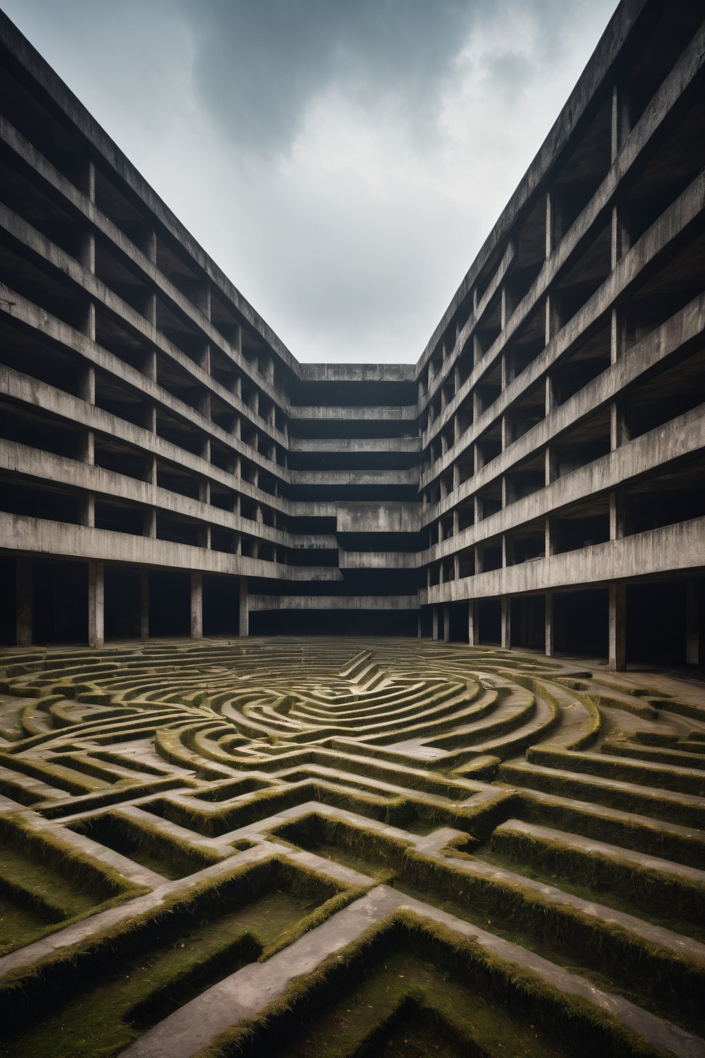 Brutalism Building with labyrinth-like starcaes and ramps in desolated environment, veery gloomy atmosphere 