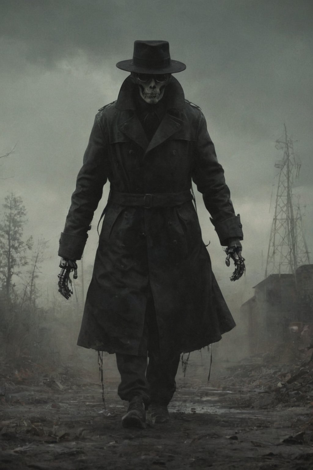 parameters: hyper-detailed, photorealistic, ultra photoreal, cinematic shading, sinister, old, very ugly, man in a black trenchcoat wearing a black hat and black sunglasses, full body, full legs, ((with robot hands:1.2)), very gloomy atmosphere,stalker