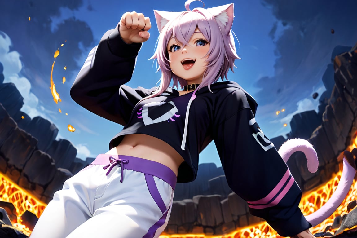 core_9, score_8_up, score_7_up, score_6_up, score_5_up, score_4_up, 1girl, solo, (f1girl, okayu, ahoge, cat tail), okayu_base, black hoodie, onigiri print, midriff, white pants, animal collar, cat tail, ahoge, light from the ground, dark sky, lava, shoving tongue, paw pose, scary light from below