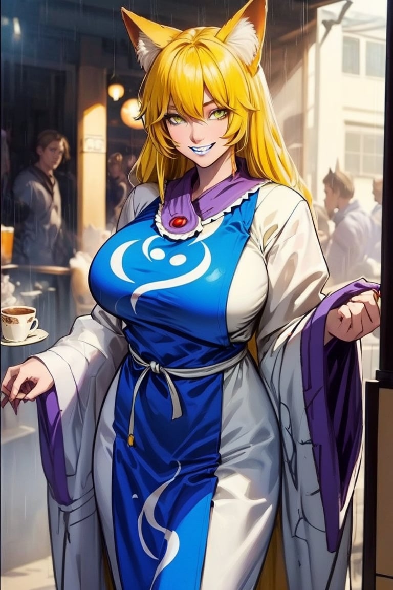 Yakumo Ran, yellow hair, long hair, , yellow eyes, pale skin,, skinny waist:1.3, fox ears, animal ears,
 giant breasts:1.3,, huge hip, looking at the viewer, , detailed face:1.2, detailed eyes:1.2, detailed background,
 she meets you near a japanese style caffe after rain, her job is to hit your fancy,
seducing, happy, 
pov, happy grin, presenting herself,  , sexual tension, lustful grin, tabard, white dress, fox tail,
wide sleeves, long sleeves,
socks