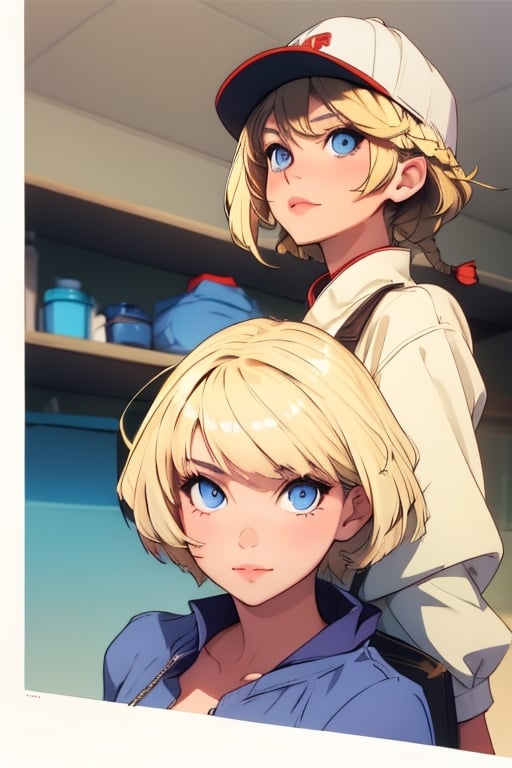 Eiko Tsukimi, blue eyes, braid, twin braid,((short hair)),(((blonde hair))),baseball cap