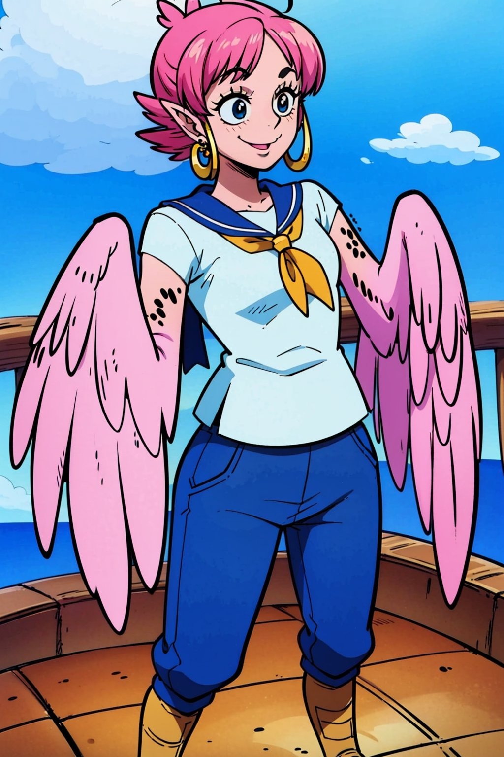 girl. androgynous, non_binary, (harpy girl), flat_chest, sailor_uniform, blue_pants, on_an_island, smiling, short_pink_hair, circular_wide-rim_glasses, :p, candy_earrings, candy_in_hair, snaggletooth, cute, standing_on_the_deck_of_a_boat 