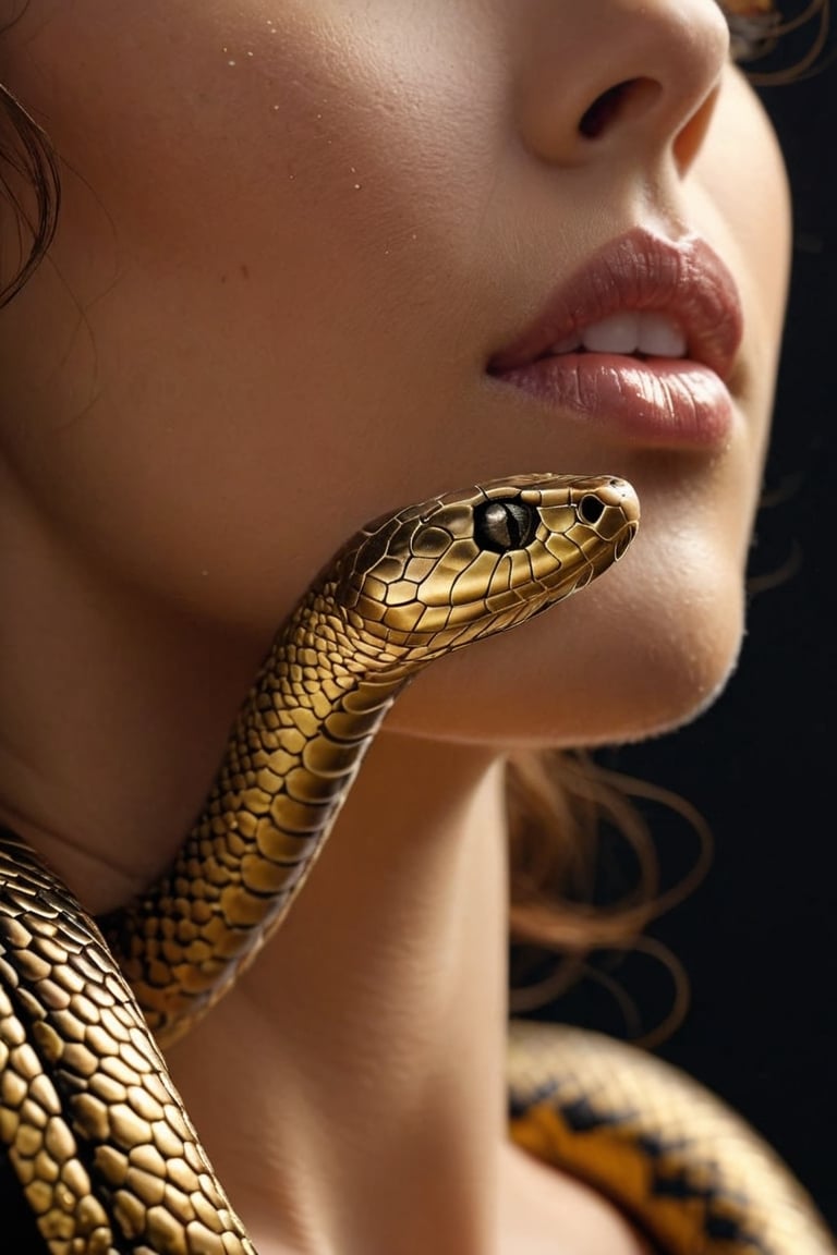 a snake, Close up shot of a woman's neck with, beautiful neck, beautiful realistic lips:, shape of a woman's body, woman's silhouette, gold, background of wavy black velvet fabric, backlight, interesting dynamic perspective, macro shot, HD, 4K, volume light, with mist in the air, atomized tiny water drops, very realistic, readable fonts and text, advertising, text "Ai" AI 