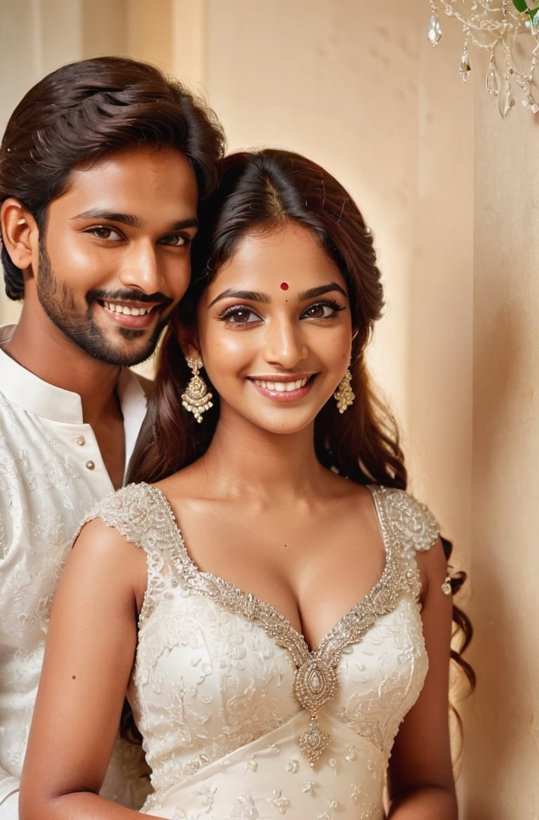 Beautiful kerala Christian couple wedding photo, fair and handsome man, man wearing Christian wedding style dress, beautiful fair lady, (freckles), big smile, brown eyes, long hair, hyperdetailed photography, soft light, full-length_portrait, cover,Beautiful kerala Christian bride, light_body, full_body, wedding gown, show belly_button, transparent, standing, detailmaster2,Extremely Realistic, show_legs, full body portrait, diamond necklace