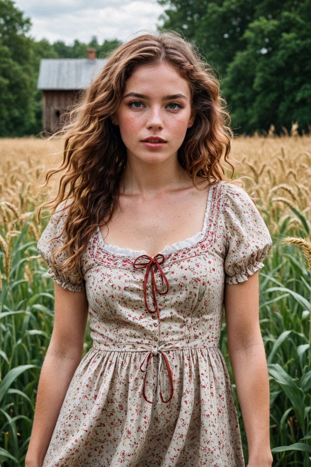 Rural Charm A woman whose beauty is rustic and charming, like a country maiden in a pastoral setting. Her features are wholesome and down-to-earth, with a rosy glow to her cheeks and a twinkle in her eye. Her skin is sun-kissed and freckled, with a natural, outdoorsy charm. Her hair is a mane of wild curls, the color of ripe wheat. She wears a simple, cotton dress, the fabric adorned with floral patterns that echo the beauty of the countryside. She radiates a sense of warmth and hospitality, like a breath of fresh air in a busy world.
