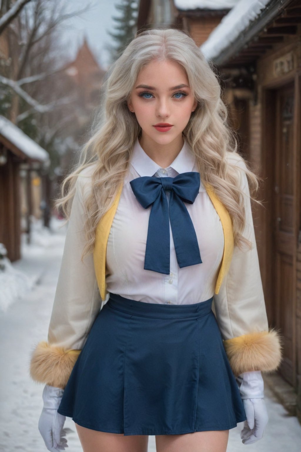 professional photo of young woman, white hair, long hair, long hair, yellow eyes, white coat, white shirt, (white pantyhose:1.1), (blue bow:1.1), blue skirt, fur collar, fur trim, white capelet, (white gloves:1.2), blue bowtie, miniskirt, (white_shoes:1.1), fur-trimmed sleeves, long sleeves, (looking at viewer:1.3), (full_body:1.3), detailed skin, detailed eyes, finely detailed hair, volumetric light, highrez, masterpiece, best quality, snow, winter 