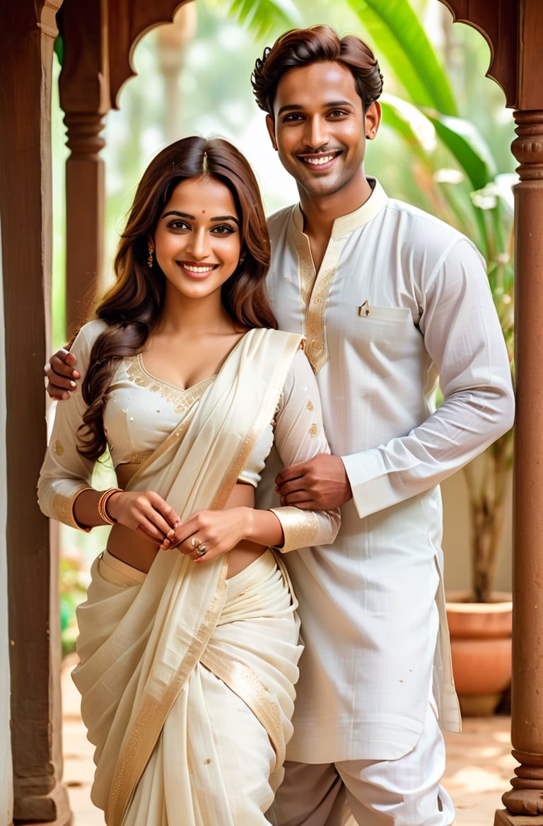 Beautiful kerala couple wedding photo, fair and handsome man, man wearing traditional kerala dhoti and kurta, beautiful fair lady, (freckles), big smile, brown eyes, long hair, hyperdetailed photography, soft light, full-length_portrait, cover,Beautiful Indian girl, light_body, full_body, Kerala saree, show belly_button, transparent, standing, Saree, detailmaster2,Extremely Realistic, show_legs