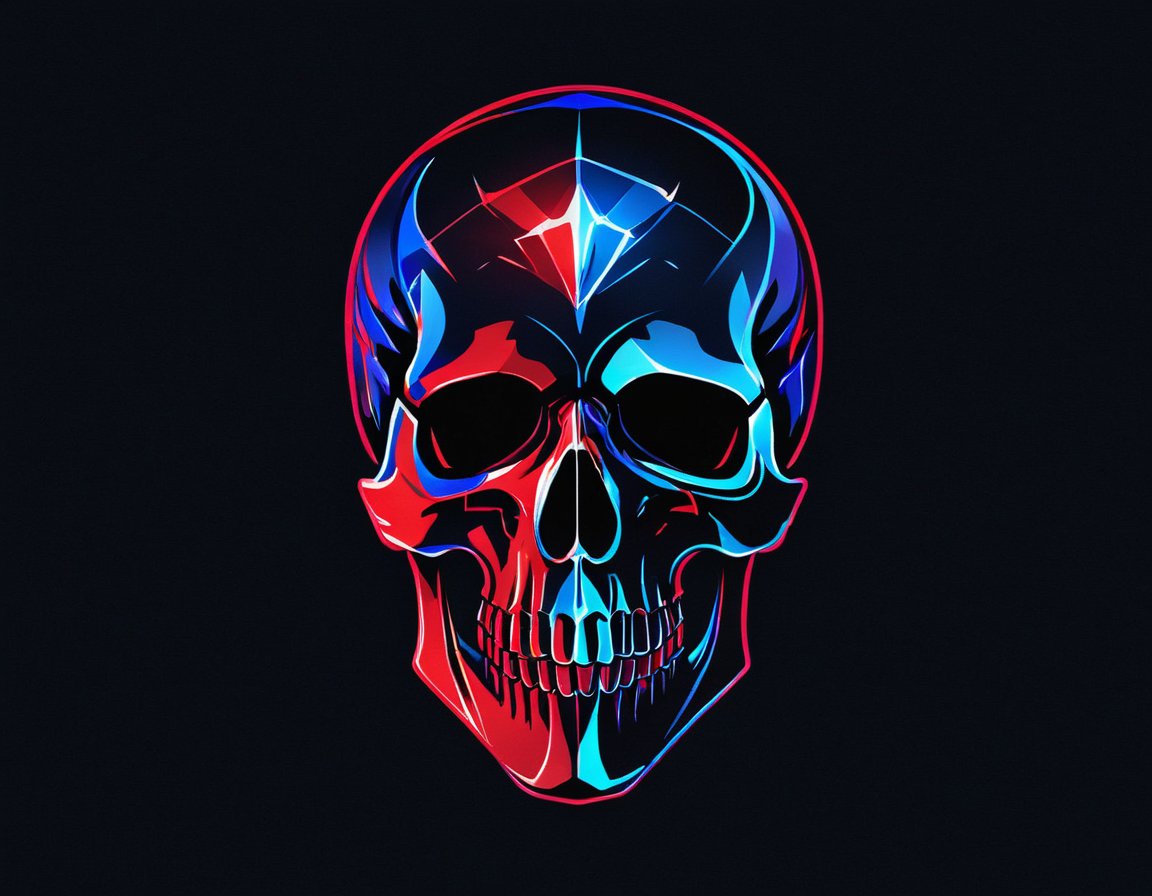 On a black background, skull made of blue and red reflective glass, bioluminescence, (Logo art design).