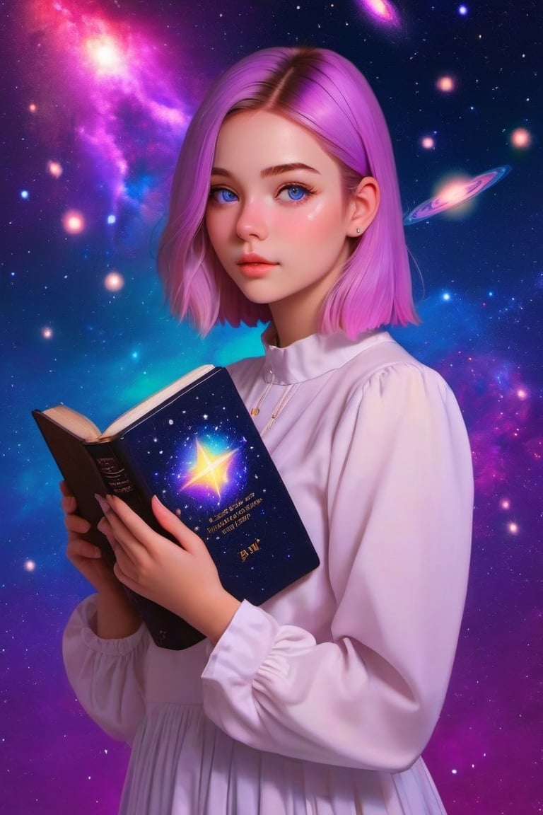 a detailed photo of a pretty girl holding a bible with cosmic stars in her and colorfull cosmic back ground,Monster,pturbo,aw0k euphoric style