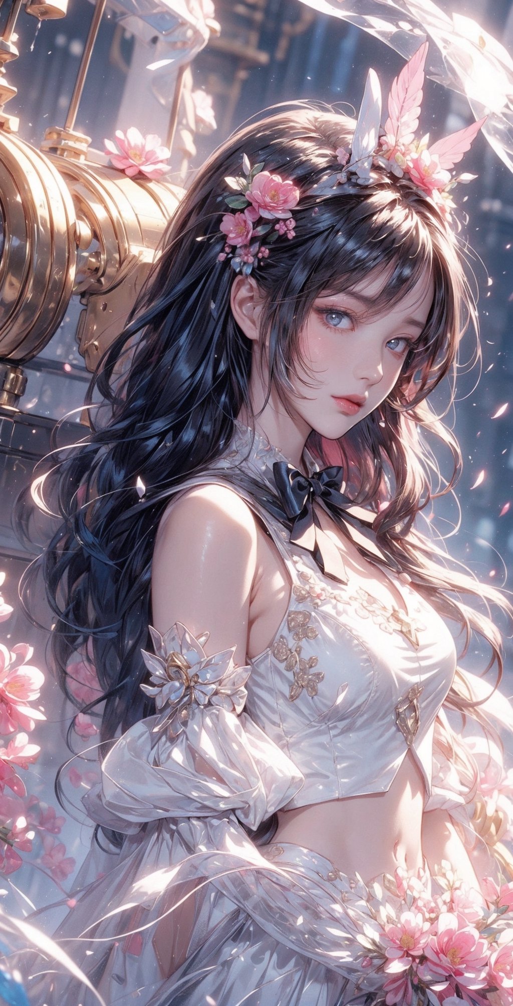 (((masterpiece))),best quality, illustration,(beautiful detailed girl),beautiful detailed glow,detailed ice,beautiful detailed water,(beautiful detailed eyes),expressionless,(floating palaces),azure hair,disheveled hair,long bangs, hairs between eyes,(skyblue dress),black ribbon,white bowties,midriff,{{{half closed eyes}}},big forhead,blank stare,flower,large top sleeves