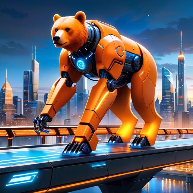 This is an image of a bear with a robotic or cybernetic arm. The bear is standing on a bridge with a city skyline in the background, suggesting a futuristic or science fiction setting. The bear's arm is intricately designed with glowing blue and orange lights, indicating advanced technology or machinery. The overall aesthetic is reminiscent of a scene from a science fiction movie or video game, where animals are enhanced with cybernetic parts.