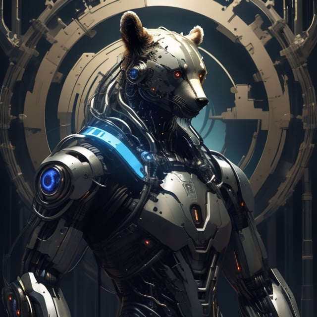 This is an image of a bear with a robotic or cybernetic arm. The bear is standing on a bridge with a city skyline in the background, suggesting a futuristic or science fiction setting. The bear's arm is intricately designed with glowing blue and orange lights, indicating advanced technology or machinery. The overall aesthetic is reminiscent of a scene from a science fiction movie or video game, where animals are enhanced with cybernetic parts.