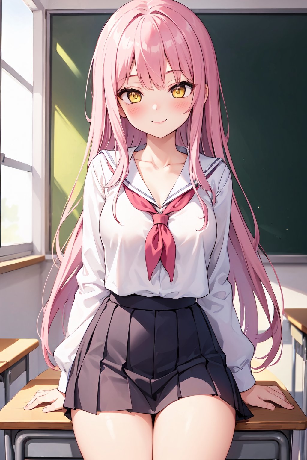 1girl, pink_hair, blush, light smile, yellow_eyes, long hair, school uniform, classroom, glow, thighs, collarbone, narrow waist, (masterpiece), wallpaper,BiBa