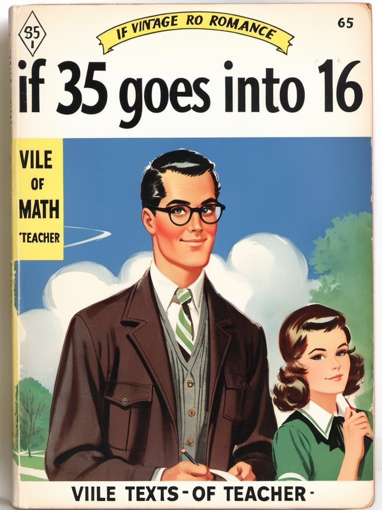 Book cover of a vintage  romance novel  called "  if 35 goes into 16" text, depicting a  glasses math teacher man and a   school girl  , sign that says (("vile texts of math teacher")) ,