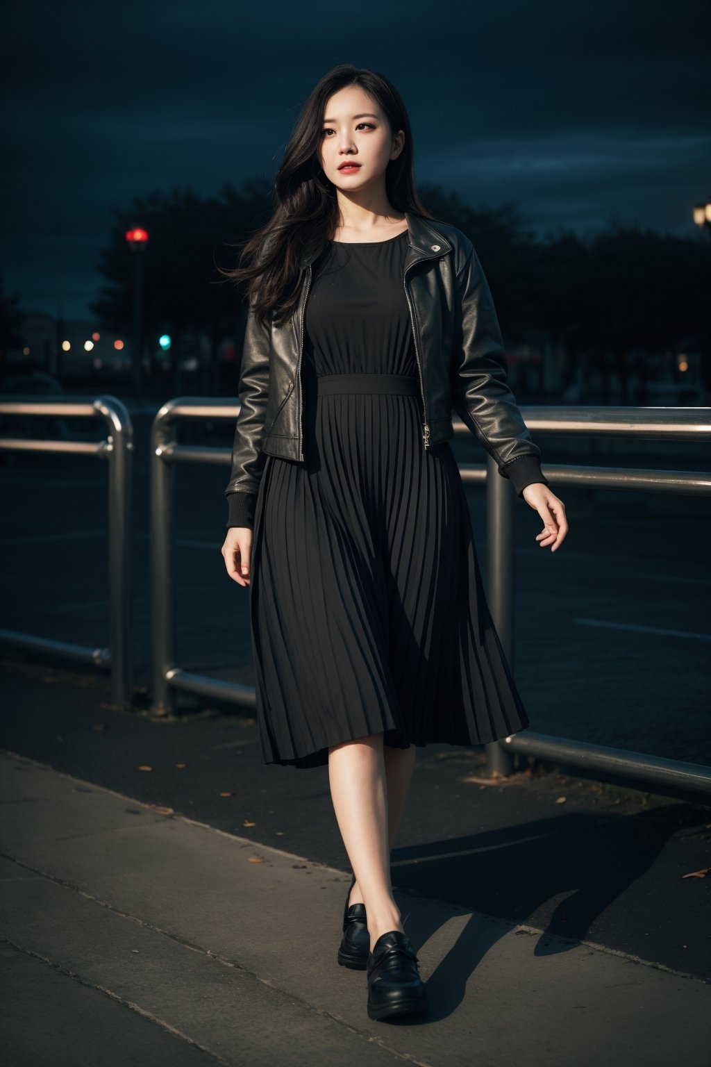 full body, 45 years old girl walking, face elsewhere, Best Quality, 8K, ultra-detailed, Masterpiece: 1.3), 1girl, solo, kawaii, cool, pleated long dress, dark color dress, sigh, looking else where, long hair, idle, wear jacket, empty park, night