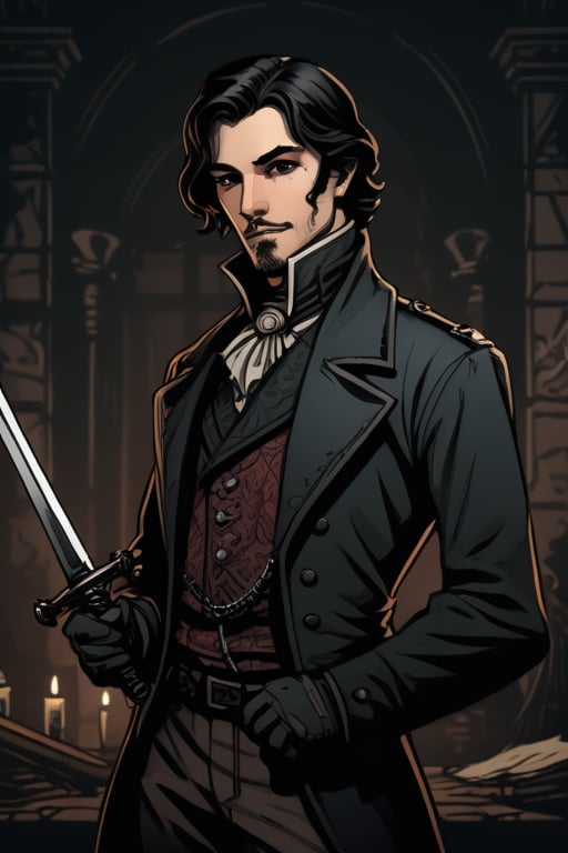 darkest dungeon style, Victorian young men, black, black-hair, swordman, elegancy, graceful and atractive, Victorian background, reze (saw)


